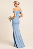 Matte Satin Off the Shoulder Dusty Blue Ruched Sheath Bridesmaid Dress with Slit