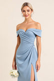 Matte Satin Off the Shoulder Dusty Blue Ruched Sheath Bridesmaid Dress with Slit