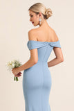 Matte Satin Off the Shoulder Dusty Blue Ruched Sheath Bridesmaid Dress with Slit