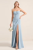 Stretch Satin Dusty Blue Strapless Sheath Bridesmaid Dress with Slit