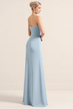 Stretch Satin Dusty Blue Strapless Sheath Bridesmaid Dress with Slit