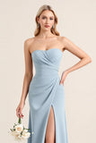 Stretch Satin Dusty Blue Strapless Sheath Bridesmaid Dress with Slit