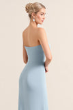 Stretch Satin Dusty Blue Strapless Sheath Bridesmaid Dress with Slit