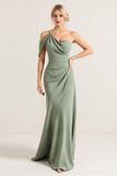 Olive One Shoulder Ruched Chiffon Sheath Bridesmaid Dress