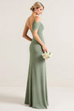 Olive One Shoulder Ruched Chiffon Sheath Bridesmaid Dress