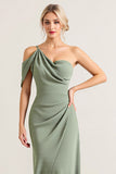 Olive One Shoulder Ruched Chiffon Sheath Bridesmaid Dress