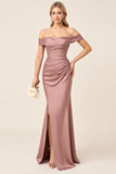 Dusty Rose Matte Satin Off the Shoulder Ruched Bridesmaid Dress