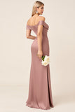 Dusty Rose Matte Satin Off the Shoulder Ruched Bridesmaid Dress