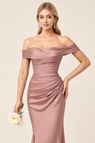 Dusty Rose Matte Satin Off the Shoulder Ruched Bridesmaid Dress