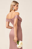 Dusty Rose Matte Satin Off the Shoulder Ruched Bridesmaid Dress