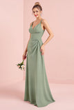 Eucalyptus Spaghetti Straps Stretch Satin Sheath Bridesmaid Dress