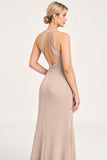 Candy Pink Halter Sheath Spandex Bridesmaid Dress with Slit