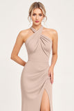 Candy Pink Halter Sheath Spandex Bridesmaid Dress with Slit