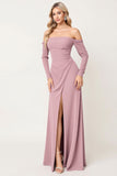 Dusty Rose Off the Shoulder Long Sleeves Ruched Sheath Bridesmaid Dress with Slit