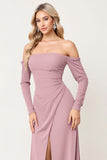 Dusty Rose Off the Shoulder Long Sleeves Ruched Sheath Bridesmaid Dress with Slit