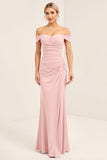 Blush Pink Ruched Off the Shoulder Sheath Bridesmaid Dress