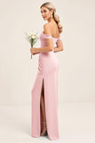 Blush Pink Ruched Off the Shoulder Sheath Bridesmaid Dress