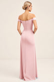 Blush Pink Ruched Off the Shoulder Sheath Bridesmaid Dress