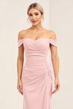 Blush Pink Ruched Off the Shoulder Sheath Bridesmaid Dress