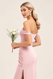 Blush Pink Ruched Off the Shoulder Sheath Bridesmaid Dress