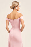 Blush Pink Ruched Off the Shoulder Sheath Bridesmaid Dress