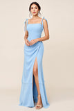 Sky Blue Sheath Spaghetti Straps Long Bridesmaid Dress with Slit