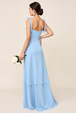 Sky Blue Sheath Spaghetti Straps Long Bridesmaid Dress with Slit