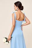 Sky Blue Sheath Spaghetti Straps Long Bridesmaid Dress with Slit