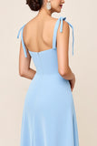Sky Blue Sheath Spaghetti Straps Long Bridesmaid Dress with Slit