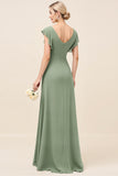 Eucalyptus V Neck Sheath Long Bridesmaid Dress with Slit