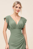 Eucalyptus V Neck Sheath Long Bridesmaid Dress with Slit