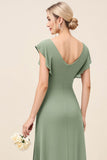 Eucalyptus V Neck Sheath Long Bridesmaid Dress with Slit