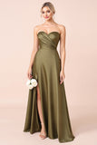 Olive Sweetheart A Line Long Bridesmaid Dress with Slit