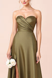 Olive Sweetheart A Line Long Bridesmaid Dress with Slit