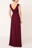 Burgundy V Neck Sheath Long Bridesmaid Dress with Slit