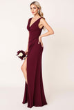 Burgundy V Neck Sheath Long Bridesmaid Dress with Slit