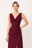 Burgundy V Neck Sheath Long Bridesmaid Dress with Slit