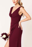Burgundy V Neck Sheath Long Bridesmaid Dress with Slit