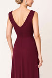 Burgundy V Neck Sheath Long Bridesmaid Dress with Slit