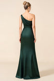 Pine One Shoulder Sheath Long Bridesmaid Dress with Slit