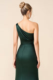 Pine One Shoulder Sheath Long Bridesmaid Dress with Slit