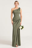 Eucalyptus One Shoulder Sheath Long Bridesmaid Dress with Slit