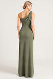 Eucalyptus One Shoulder Sheath Long Bridesmaid Dress with Slit