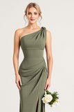 Eucalyptus One Shoulder Sheath Long Bridesmaid Dress with Slit
