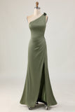 One Shoulder Eucalyptus Mermaid Long Bridesmaid Dress with Slit
