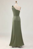 One Shoulder Eucalyptus Mermaid Long Bridesmaid Dress with Slit