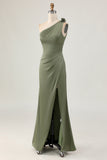 One Shoulder Eucalyptus Mermaid Long Bridesmaid Dress with Slit