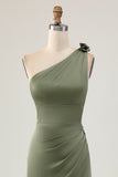One Shoulder Eucalyptus Mermaid Long Bridesmaid Dress with Slit