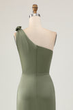 One Shoulder Eucalyptus Mermaid Long Bridesmaid Dress with Slit