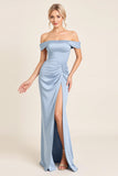 Dusty Blue Off the Shoulder Long Bridesmaid Dress with Slit
